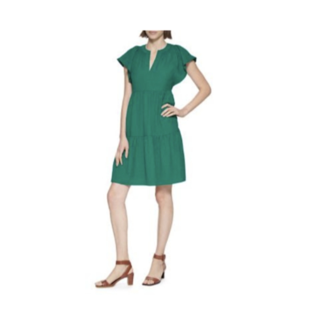 Calvin Klein | Notch-Roundneck Tiered Fit-&-Flare Dress | Green | Size 8